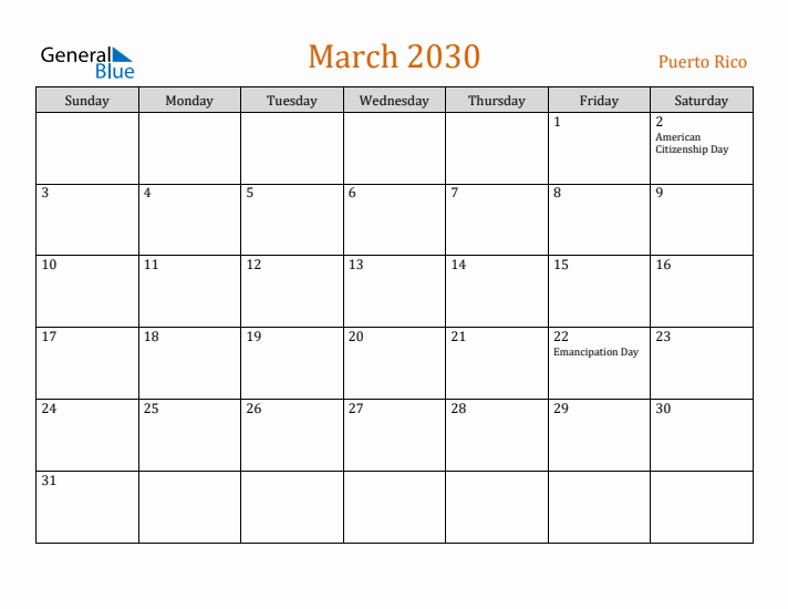 March 2030 Holiday Calendar with Sunday Start