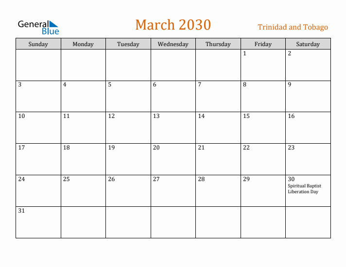 March 2030 Holiday Calendar with Sunday Start