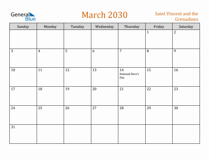 March 2030 Holiday Calendar with Sunday Start