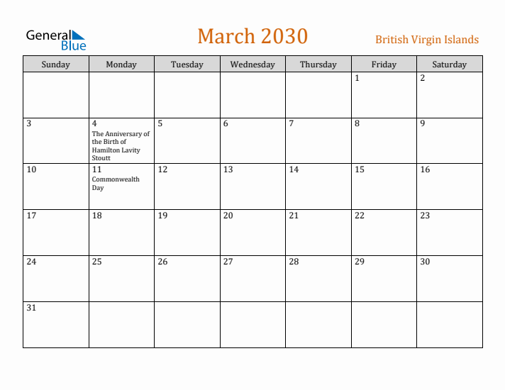March 2030 Holiday Calendar with Sunday Start