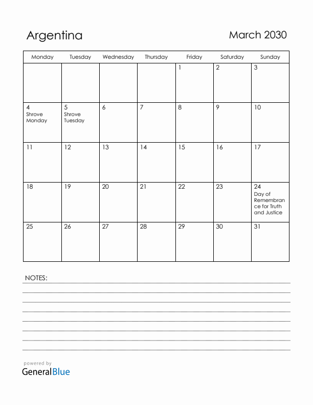 March 2030 Argentina Calendar with Holidays (Monday Start)