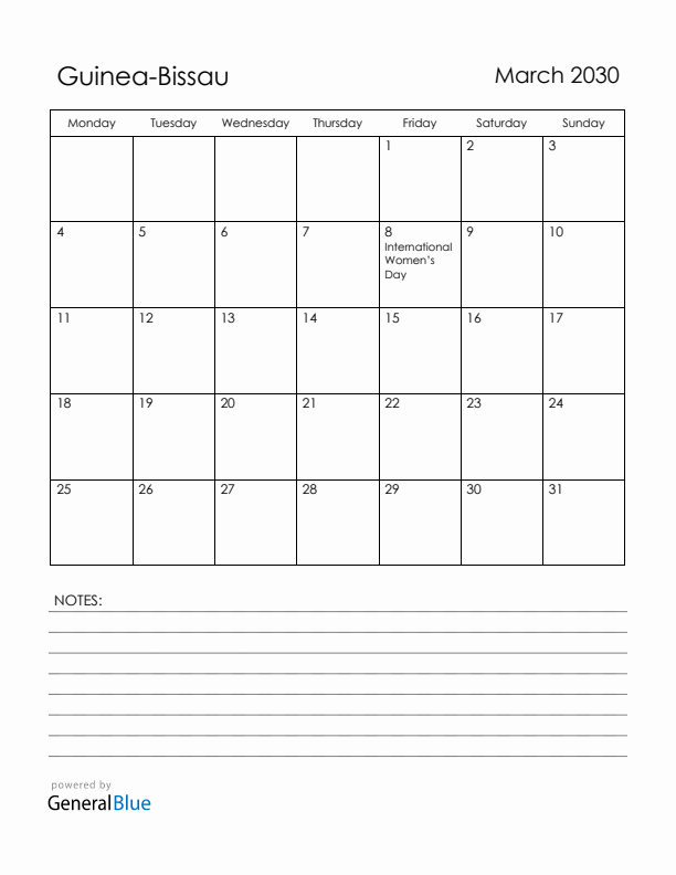 March 2030 Guinea-Bissau Calendar with Holidays (Monday Start)