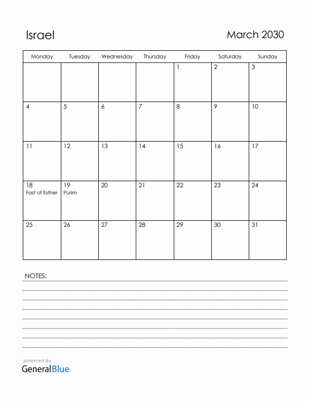 March 2030 Israel Calendar with Holidays (Monday Start)