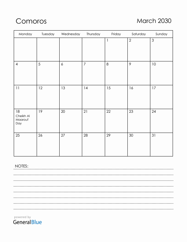 March 2030 Comoros Calendar with Holidays (Monday Start)