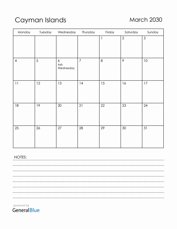 March 2030 Cayman Islands Calendar with Holidays (Monday Start)
