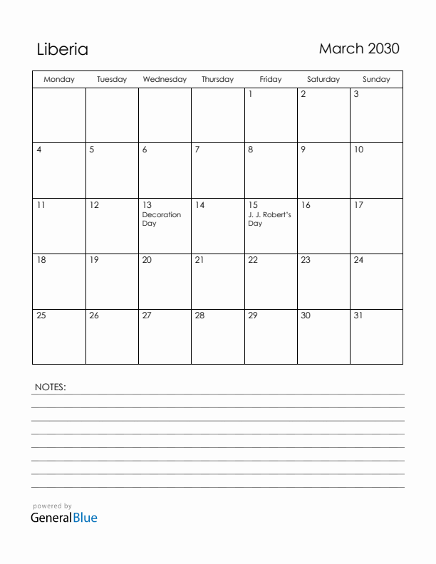March 2030 Liberia Calendar with Holidays (Monday Start)