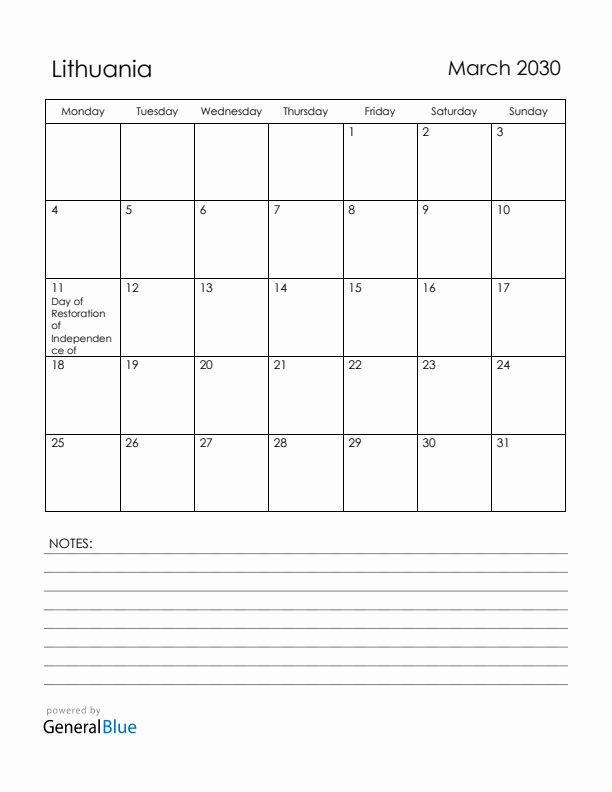 March 2030 Lithuania Calendar with Holidays (Monday Start)
