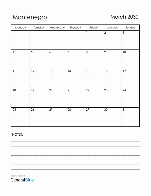 March 2030 Montenegro Calendar with Holidays (Monday Start)