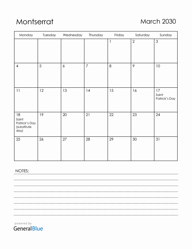 March 2030 Montserrat Calendar with Holidays (Monday Start)