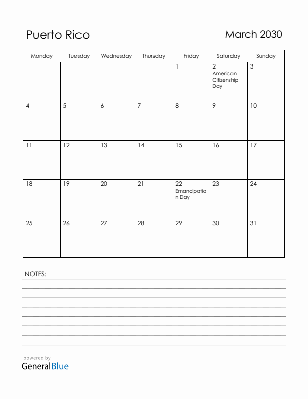March 2030 Puerto Rico Calendar with Holidays (Monday Start)