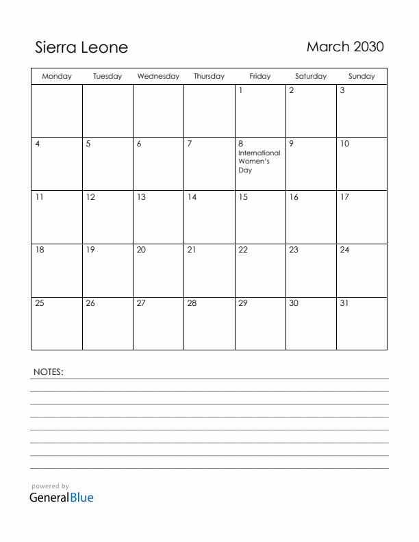 March 2030 Sierra Leone Calendar with Holidays (Monday Start)