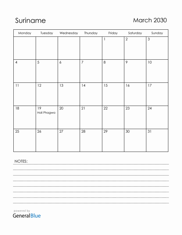 March 2030 Suriname Calendar with Holidays (Monday Start)