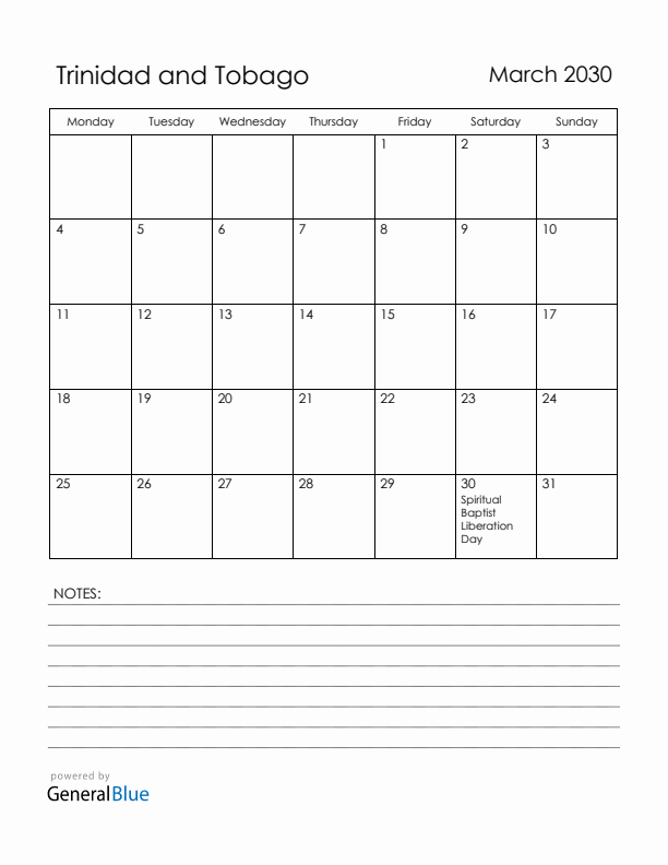 March 2030 Trinidad and Tobago Calendar with Holidays (Monday Start)