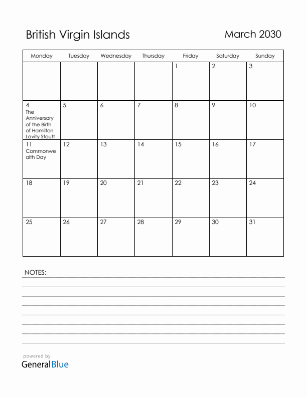 March 2030 British Virgin Islands Calendar with Holidays (Monday Start)