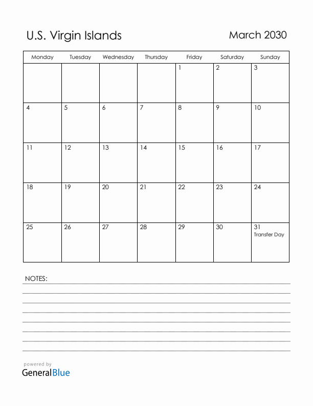 March 2030 U.S. Virgin Islands Calendar with Holidays (Monday Start)