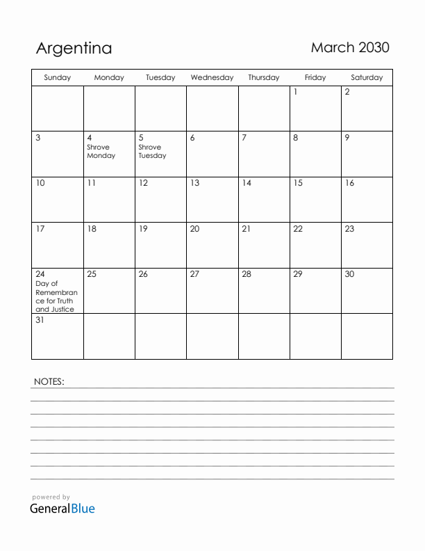 March 2030 Argentina Calendar with Holidays (Sunday Start)
