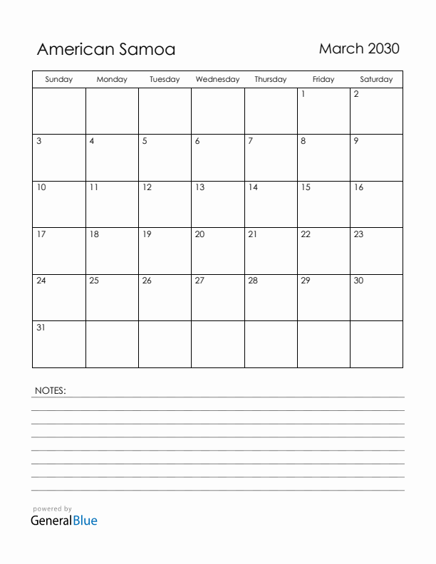 March 2030 American Samoa Calendar with Holidays (Sunday Start)