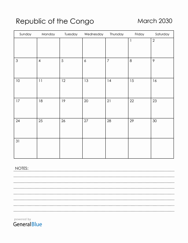 March 2030 Republic of the Congo Calendar with Holidays (Sunday Start)
