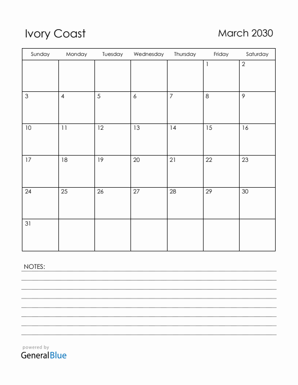 March 2030 Ivory Coast Calendar with Holidays (Sunday Start)