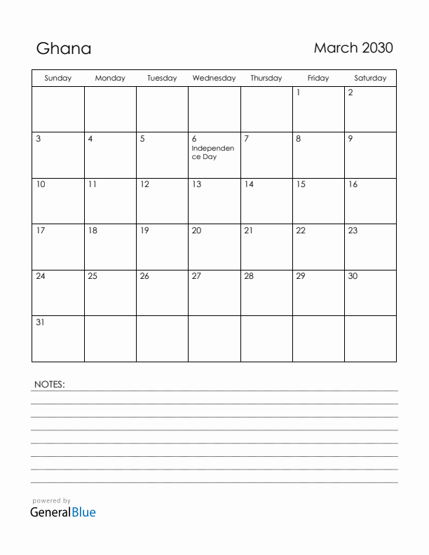 March 2030 Ghana Calendar with Holidays (Sunday Start)