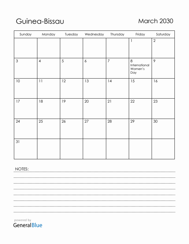 March 2030 Guinea-Bissau Calendar with Holidays (Sunday Start)