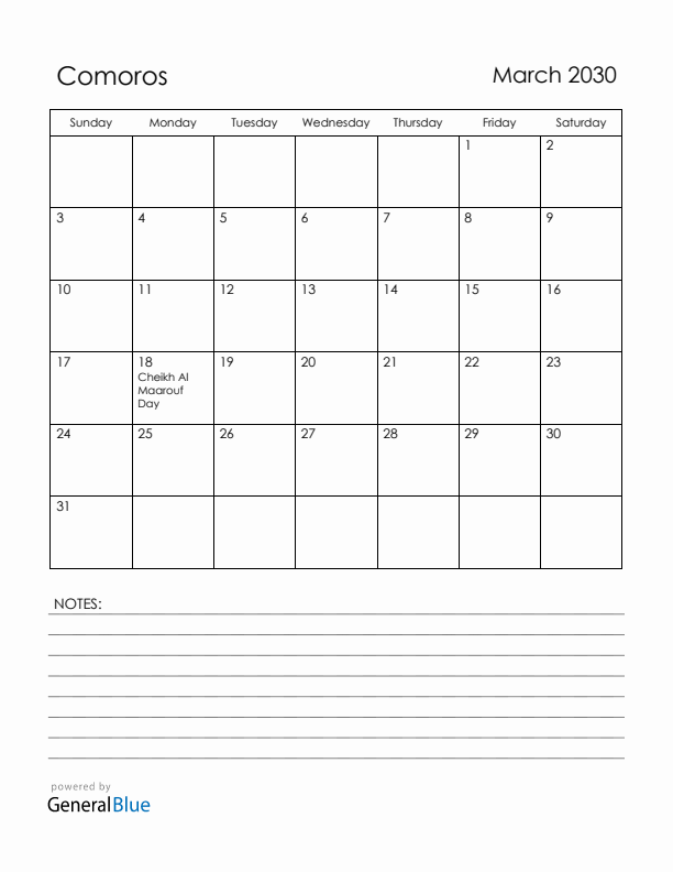 March 2030 Comoros Calendar with Holidays (Sunday Start)