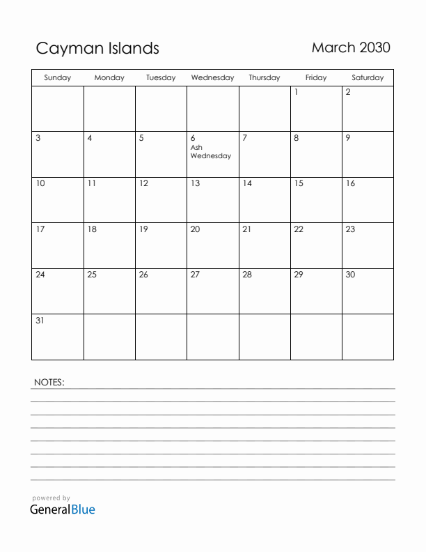 March 2030 Cayman Islands Calendar with Holidays (Sunday Start)