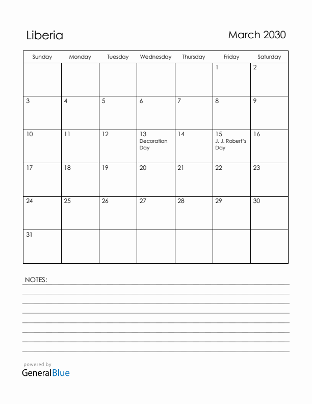 March 2030 Liberia Calendar with Holidays (Sunday Start)