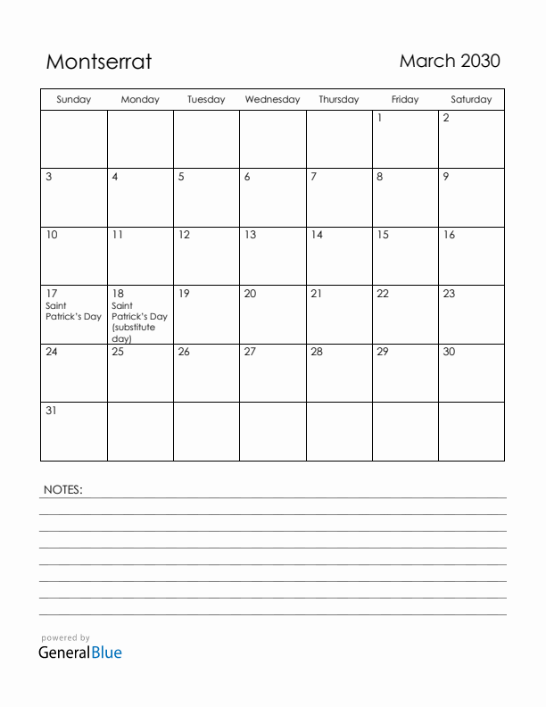 March 2030 Montserrat Calendar with Holidays (Sunday Start)
