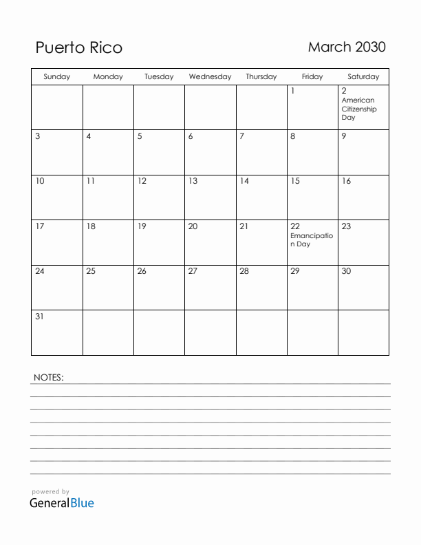 March 2030 Puerto Rico Calendar with Holidays (Sunday Start)