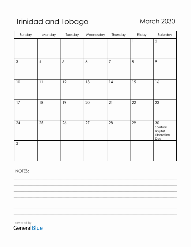 March 2030 Trinidad and Tobago Calendar with Holidays (Sunday Start)