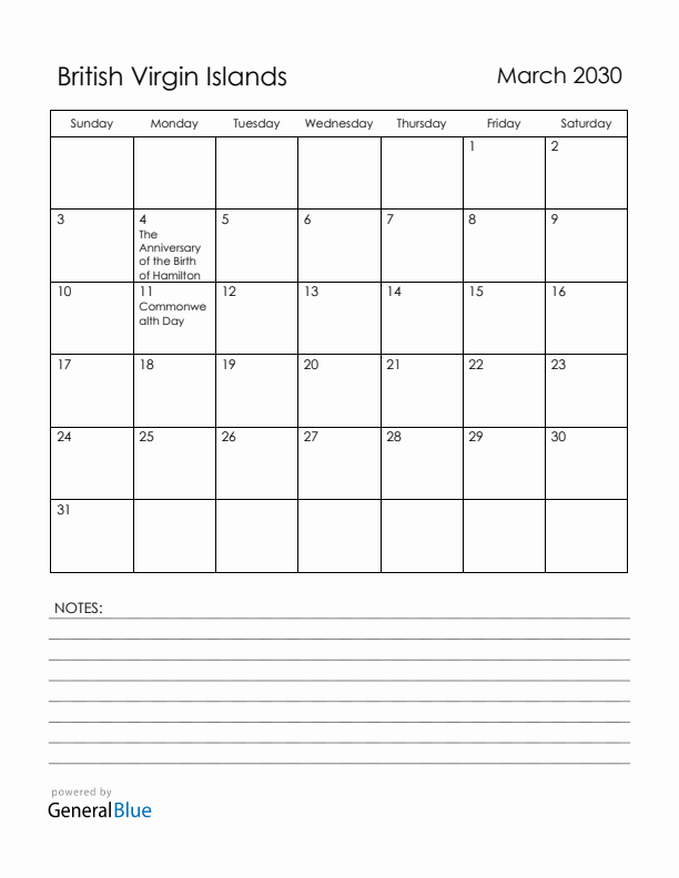 March 2030 British Virgin Islands Calendar with Holidays (Sunday Start)