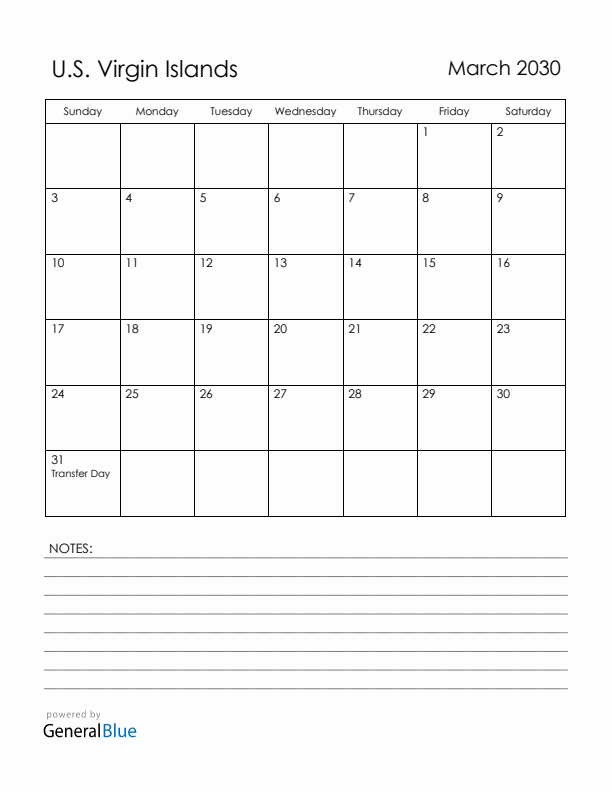 March 2030 U.S. Virgin Islands Calendar with Holidays (Sunday Start)