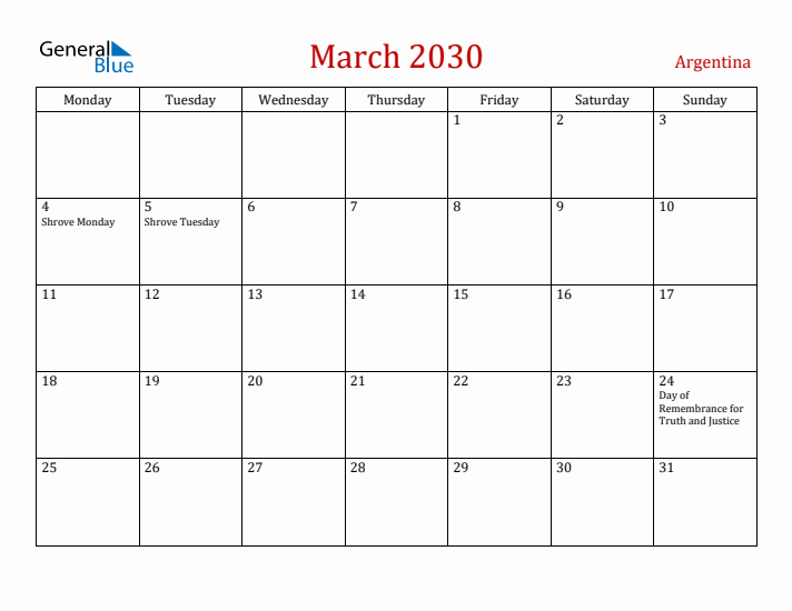 Argentina March 2030 Calendar - Monday Start