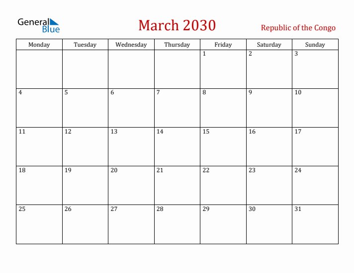Republic of the Congo March 2030 Calendar - Monday Start