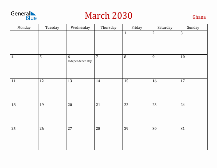 Ghana March 2030 Calendar - Monday Start