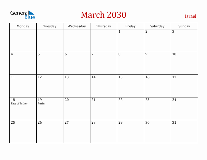 Israel March 2030 Calendar - Monday Start