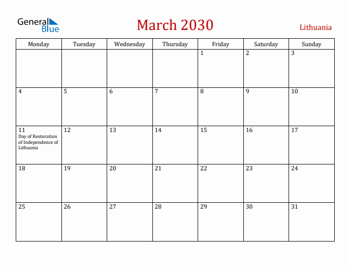 Lithuania March 2030 Calendar - Monday Start