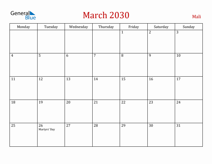 Mali March 2030 Calendar - Monday Start