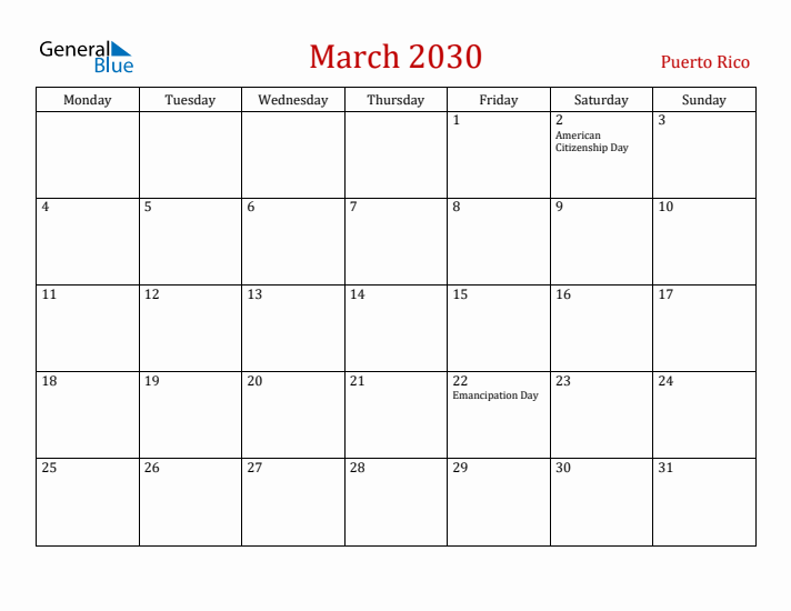 Puerto Rico March 2030 Calendar - Monday Start