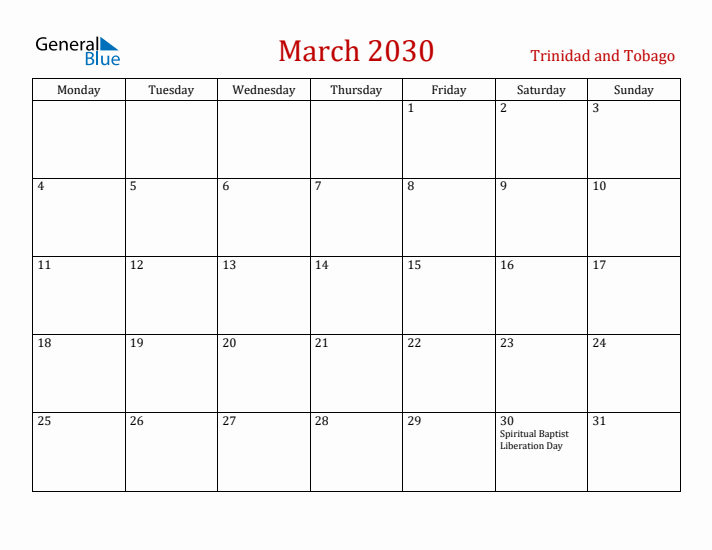 Trinidad and Tobago March 2030 Calendar - Monday Start