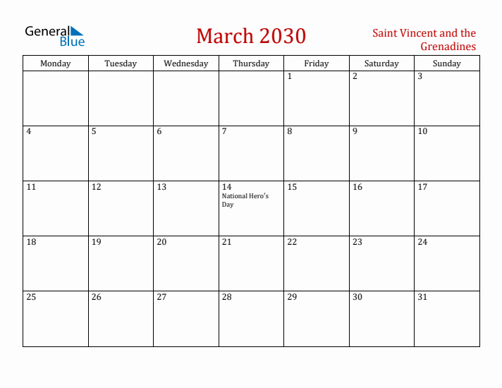 Saint Vincent and the Grenadines March 2030 Calendar - Monday Start