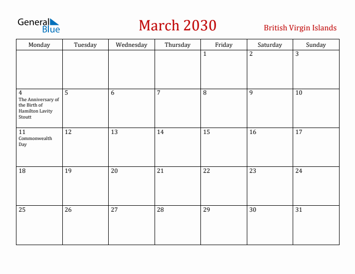 British Virgin Islands March 2030 Calendar - Monday Start
