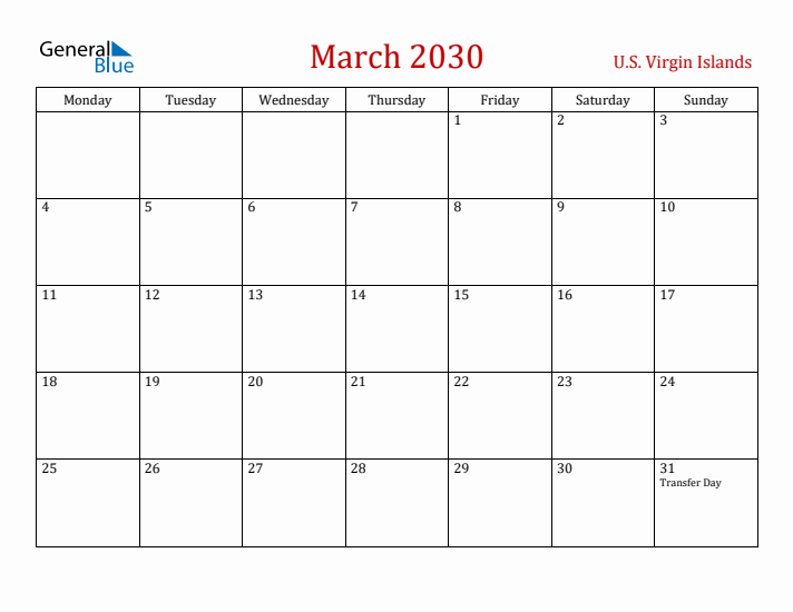 U.S. Virgin Islands March 2030 Calendar - Monday Start