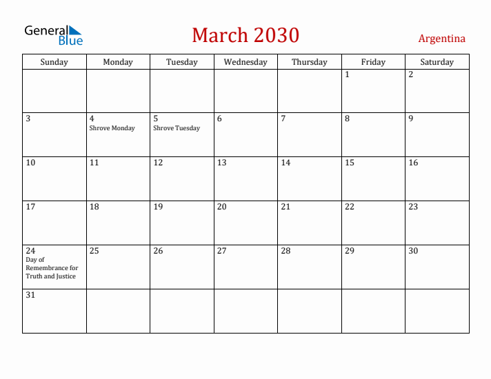 Argentina March 2030 Calendar - Sunday Start