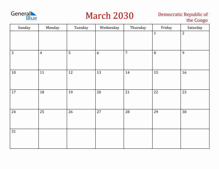 Democratic Republic of the Congo March 2030 Calendar - Sunday Start