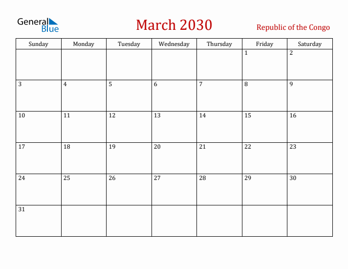 Republic of the Congo March 2030 Calendar - Sunday Start