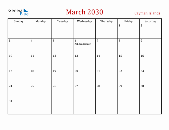 Cayman Islands March 2030 Calendar - Sunday Start