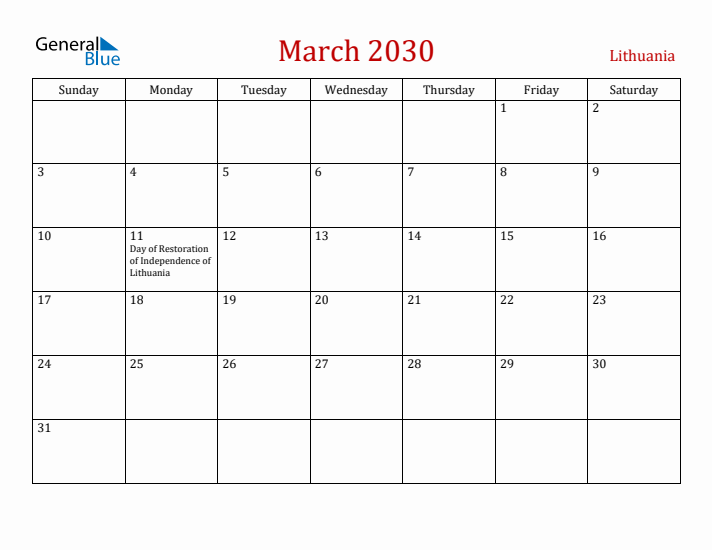 Lithuania March 2030 Calendar - Sunday Start