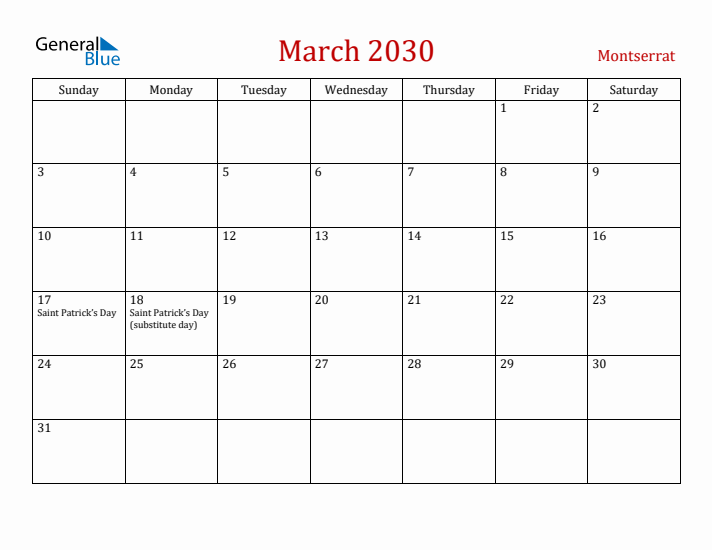 Montserrat March 2030 Calendar - Sunday Start